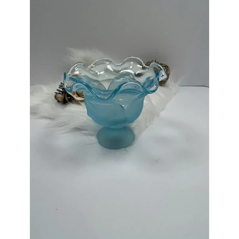 Vintage Viking Glass Cabbage Leaf Compote Bowl with Blue Frosted Finish 4